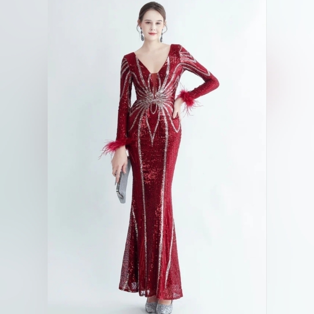 Red Sequin Backless Long Sleeve Gown